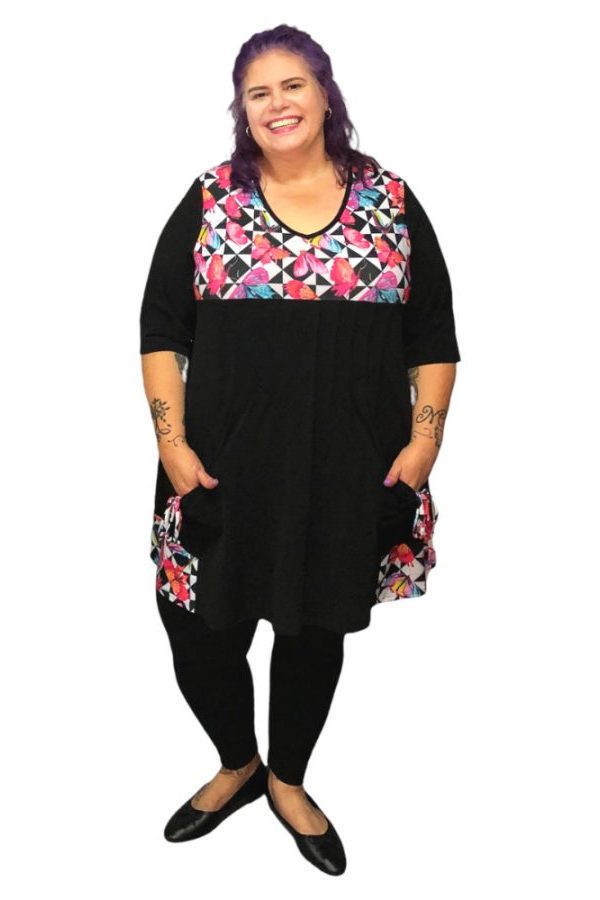 Wenchy wears a Plus size Butterfly Blocks print Pintuck top
