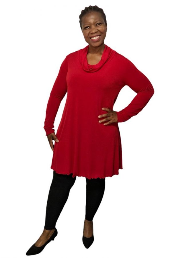 Norah wears a red bon miracle shape slouch cowl top with black leggings