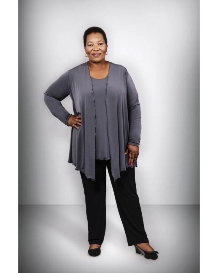 Thandie wears a Plus size 3Xl brey bon camisole and jacket and 3XL black straight leg pants
