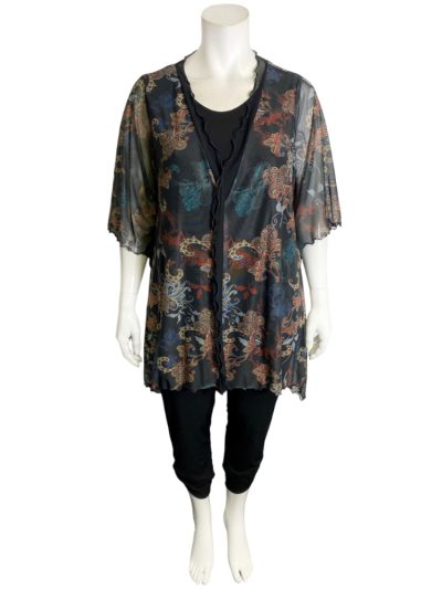 Hayley Joy Vintage Paisley Plus size Mesh stolling top with black 3-4 cuff detail pants